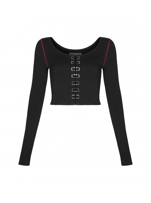 Round Collar Front Metal Square Eyelets Decoration Long Sleeve Black Punk Short Tight T-Shirt