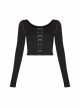 Round Collar Front Metal Square Eyelets Decoration Long Sleeve Black Punk Short Tight T-Shirt