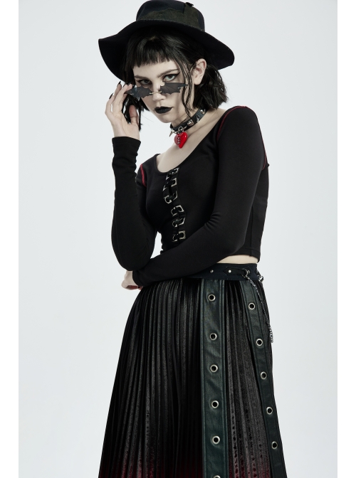 Round Collar Front Metal Square Eyelets Decoration Long Sleeve Black Punk Short Tight T-Shirt
