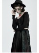 Round Collar Front Metal Square Eyelets Decoration Long Sleeve Black Punk Short Tight T-Shirt