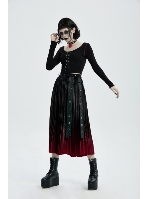 Round Collar Front Metal Square Eyelets Decoration Long Sleeve Black Punk Short Tight T-Shirt