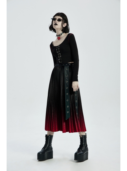 Round Collar Front Metal Square Eyelets Decoration Long Sleeve Black Punk Short Tight T-Shirt