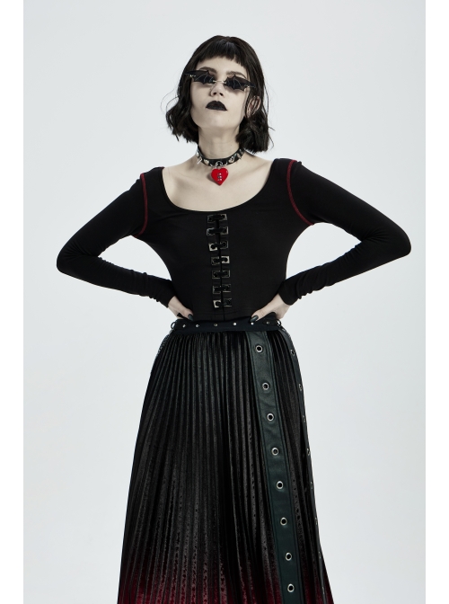 Round Collar Front Metal Square Eyelets Decoration Long Sleeve Black Punk Short Tight T-Shirt