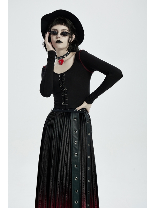 Round Collar Front Metal Square Eyelets Decoration Long Sleeve Black Punk Short Tight T-Shirt