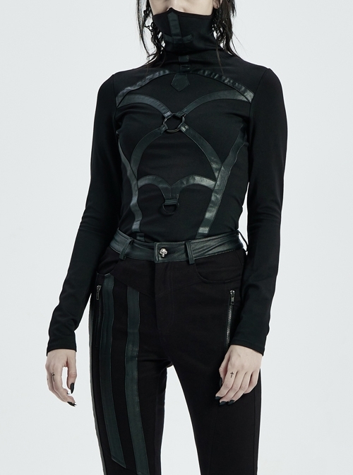 High Collar Front Metal Ring Woven Tape Decoration Long Sleeve Irregular Hem Black Punk T-Shirt
