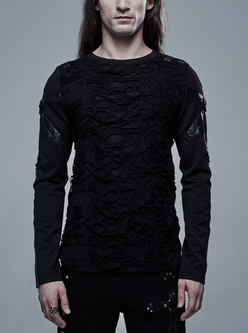 Leather Strap Decoration Long Sleeve Black Punk Broken Holes Knit T-Shirt