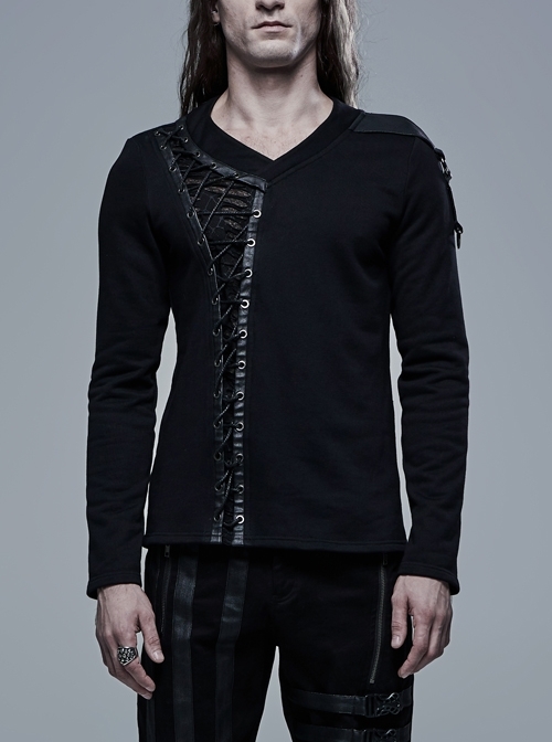 Front Splice Imitation Leather Lace-Up Long Sleeve Black Punk Knit T-Shirt