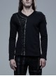 Front Splice Imitation Leather Lace-Up Long Sleeve Black Punk Knit T-Shirt