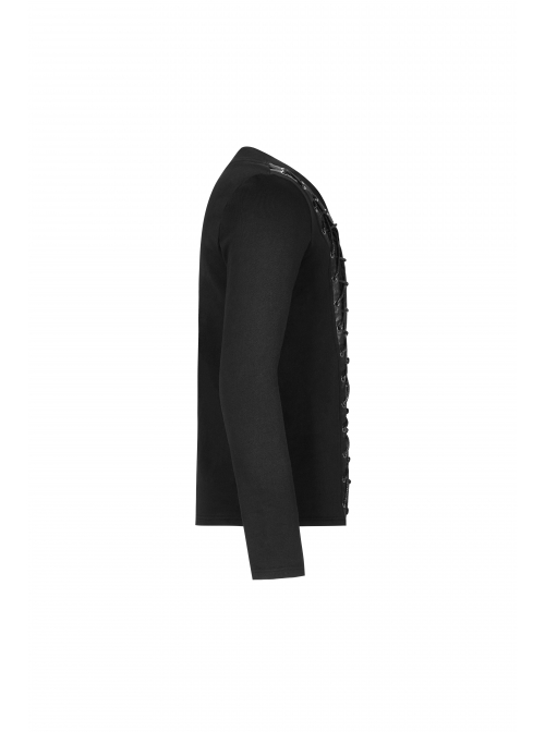 Front Splice Imitation Leather Lace-Up Long Sleeve Black Punk Knit T-Shirt