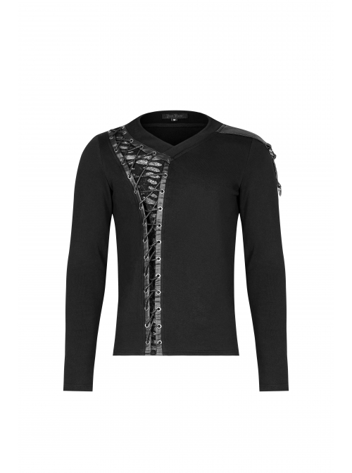 Front Splice Imitation Leather Lace-Up Long Sleeve Black Punk Knit T-Shirt