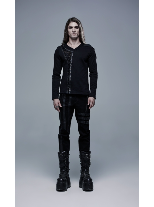 Front Splice Imitation Leather Lace-Up Long Sleeve Black Punk Knit T-Shirt