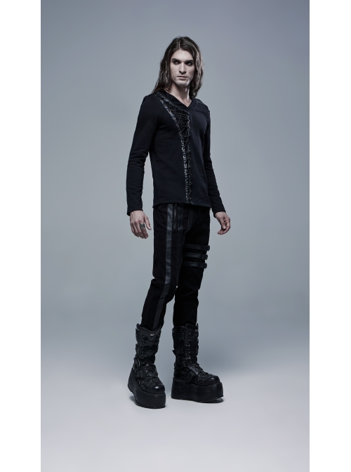 Front Splice Imitation Leather Lace-Up Long Sleeve Black Punk Knit T-Shirt