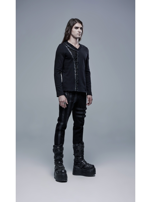 Front Splice Imitation Leather Lace-Up Long Sleeve Black Punk Knit T-Shirt