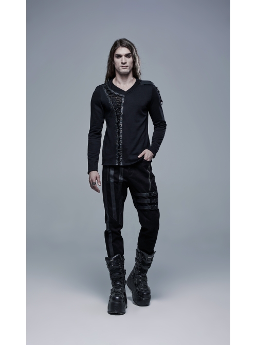 Front Splice Imitation Leather Lace-Up Long Sleeve Black Punk Knit T-Shirt