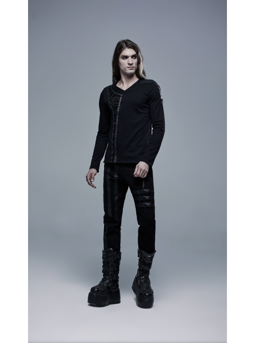 Front Splice Imitation Leather Lace-Up Long Sleeve Black Punk Knit T-Shirt