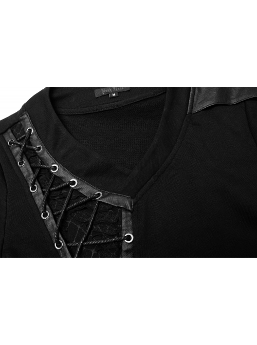 Front Splice Imitation Leather Lace-Up Long Sleeve Black Punk Knit T-Shirt