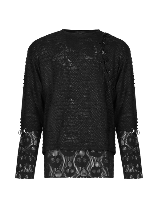 Black Punk Skull Texture Print Broken Holes Knit T-Shirt