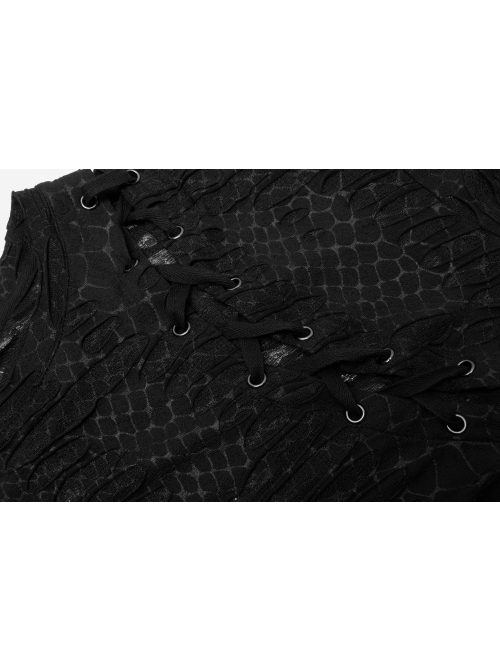 Black Punk Skull Texture Print Broken Holes Knit T-Shirt