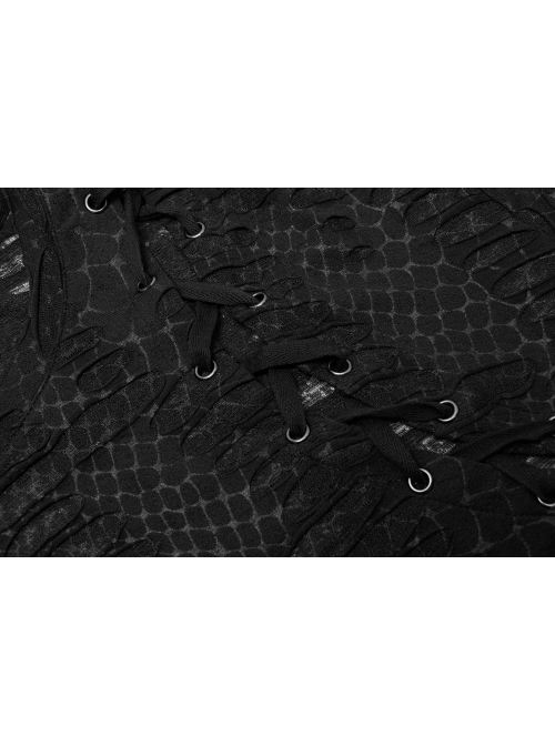 Black Punk Skull Texture Print Broken Holes Knit T-Shirt