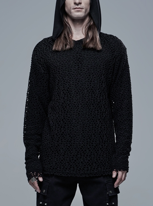 Two-Piece Outer Mesh Long Sleeve T-Shirt Inner Black Punk Hooded Knit T-Shirt