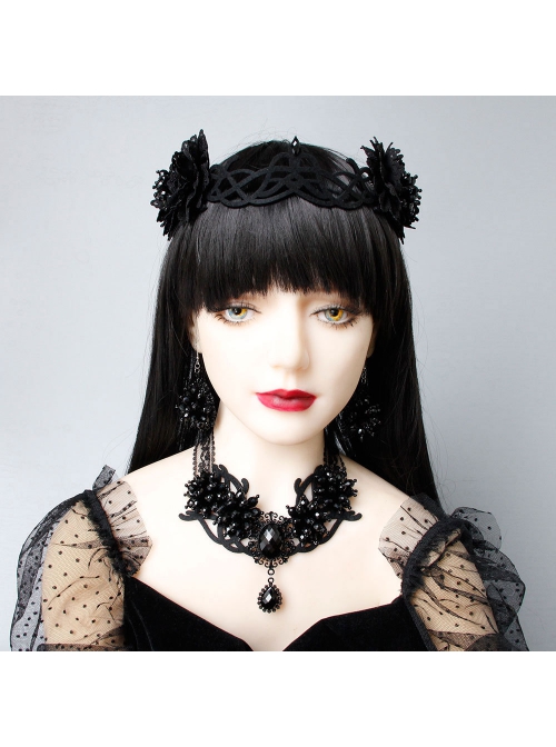 Gothic Retro Fashion Victorian Black Exaggerated Lace Diamond Halloween Necklace