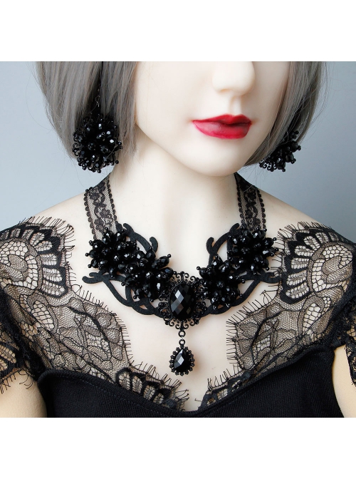 Gothic Retro Fashion Victorian Black Exaggerated Lace Diamond Halloween Necklace