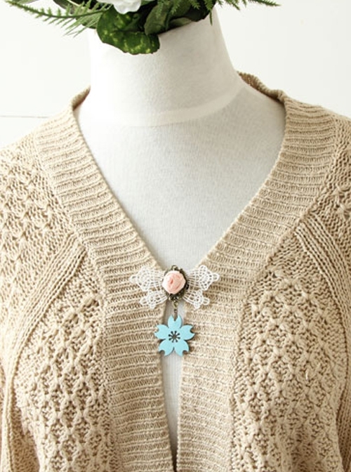 Casual Fashion Blue Cherry Blossom Handmade White Lace Pink Rose Retro Brooch