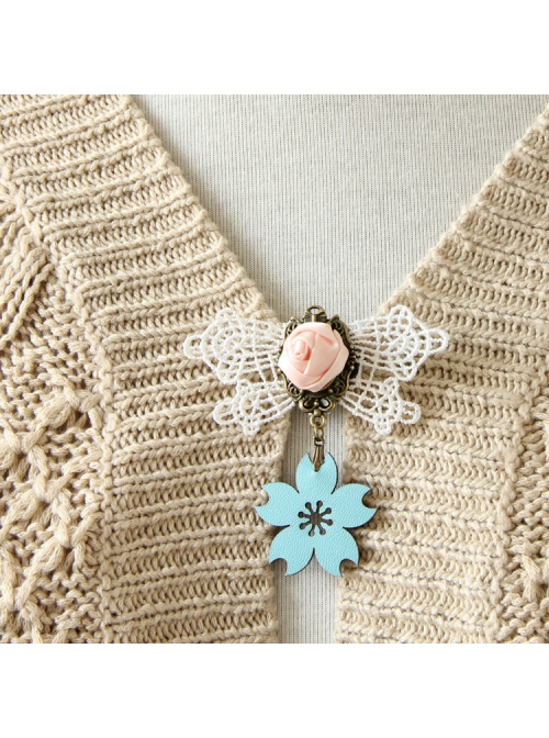 Casual Fashion Blue Cherry Blossom Handmade White Lace Pink Rose Retro Brooch
