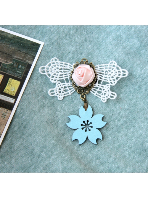 Casual Fashion Blue Cherry Blossom Handmade White Lace Pink Rose Retro Brooch