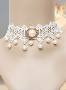 Vintage Baroque Fashion White Bride Bridesmaid Lace Imitation Pearl Female Choker