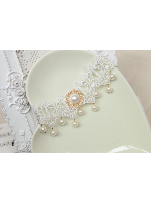 Vintage Baroque Fashion White Bride Bridesmaid Lace Imitation Pearl Female Choker