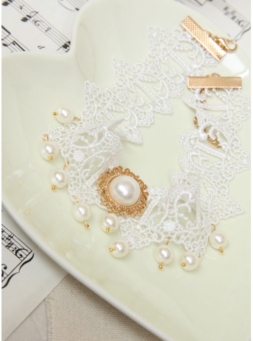 Vintage Baroque Fashion White Bride Bridesmaid Lace Imitation Pearl Female Choker