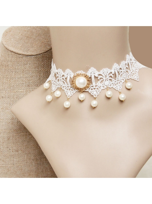 Vintage Baroque Fashion White Bride Bridesmaid Lace Imitation Pearl Female Choker