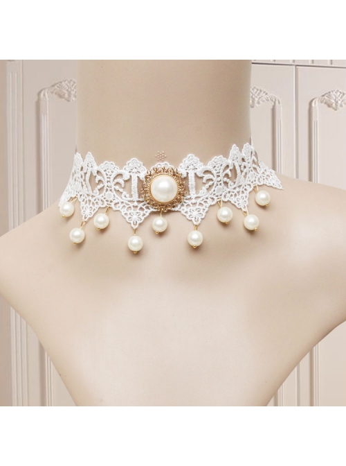 Vintage Baroque Fashion White Bride Bridesmaid Lace Imitation Pearl Female Choker
