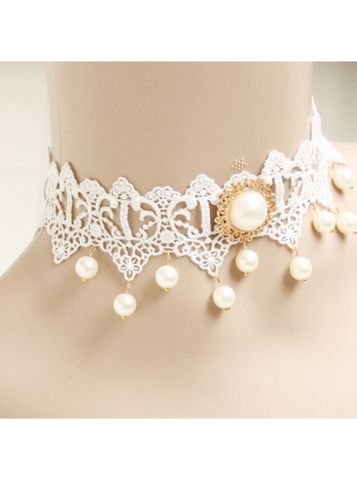 Vintage Baroque Fashion White Bride Bridesmaid Lace Imitation Pearl Female Choker