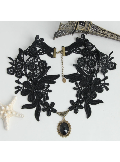 Fashion Gothic Retro Black Lace Flower Diamond Female Wide Necklace