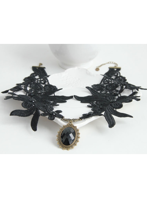 Fashion Gothic Retro Black Lace Flower Diamond Female Wide Necklace