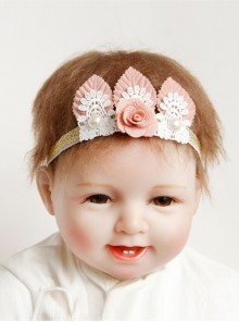 Fashion White Lace Pearl Pink Flower Leaf Crown Cute Princess Baby Birthday Stretch Headband