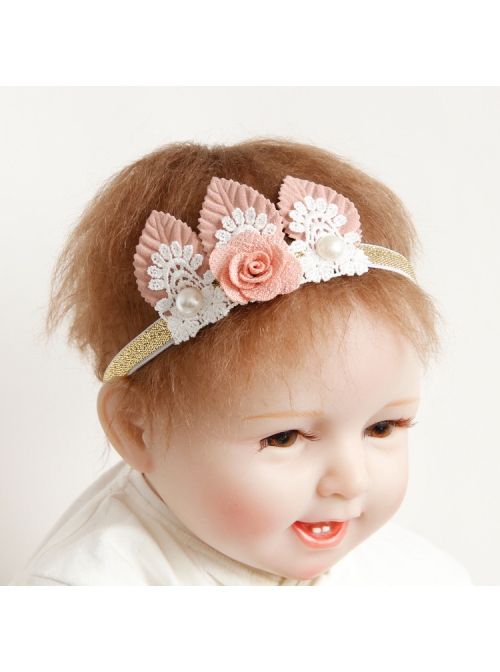 Fashion White Lace Pearl Pink Flower Leaf Crown Cute Princess Baby Birthday Stretch Headband