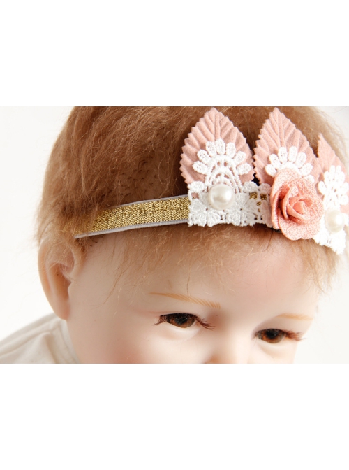 Fashion White Lace Pearl Pink Flower Leaf Crown Cute Princess Baby Birthday Stretch Headband