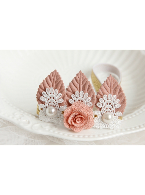 Fashion White Lace Pearl Pink Flower Leaf Crown Cute Princess Baby Birthday Stretch Headband