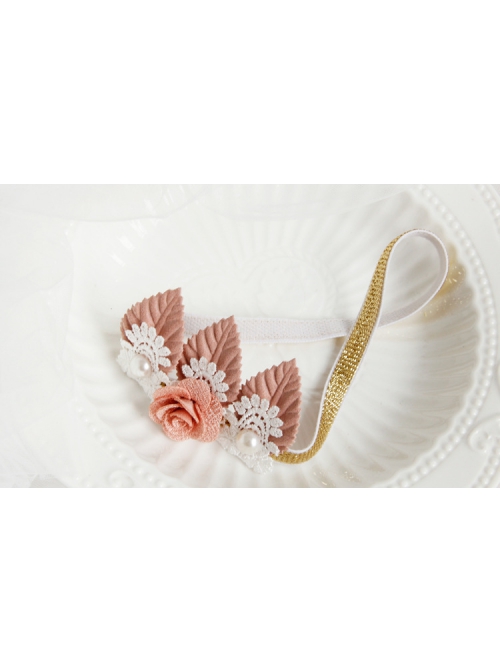 Fashion White Lace Pearl Pink Flower Leaf Crown Cute Princess Baby Birthday Stretch Headband