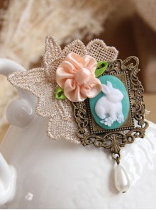 Cute Fashion Casual Handmade Retro Golden Lace Pink Flowers Green Leaves Rabbit Pearl Brooch