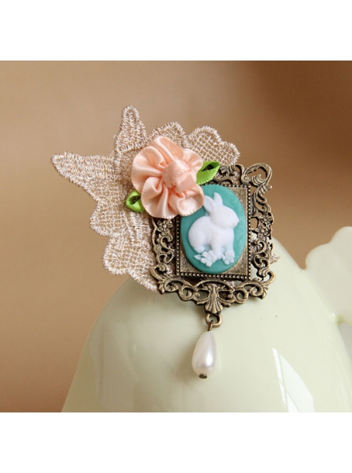 Cute Fashion Casual Handmade Retro Golden Lace Pink Flowers Green Leaves Rabbit Pearl Brooch