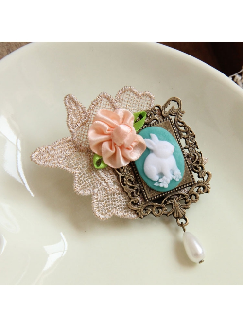 Cute Fashion Casual Handmade Retro Golden Lace Pink Flowers Green Leaves Rabbit Pearl Brooch