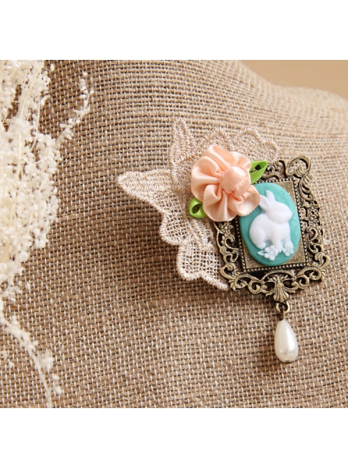 Cute Fashion Casual Handmade Retro Golden Lace Pink Flowers Green Leaves Rabbit Pearl Brooch