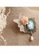 Cute Fashion Casual Handmade Retro Golden Lace Pink Flowers Green Leaves Rabbit Pearl Brooch