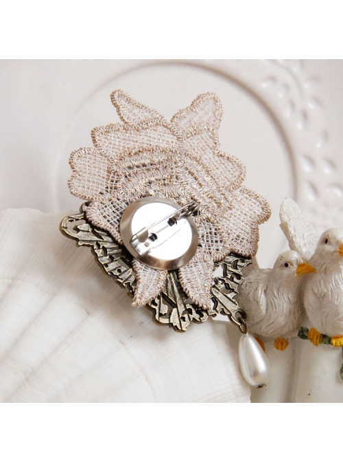 Cute Fashion Casual Handmade Retro Golden Lace Pink Flowers Green Leaves Rabbit Pearl Brooch