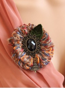 Christmas Holiday Colored Yarn Black Gems Rose Leaves Handmade Antique Female Brooch Buckle