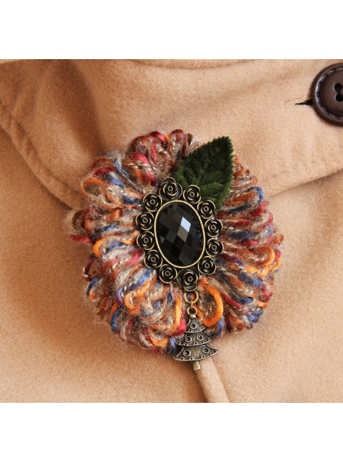 Christmas Holiday Colored Yarn Black Gems Rose Leaves Handmade Antique Female Brooch Buckle